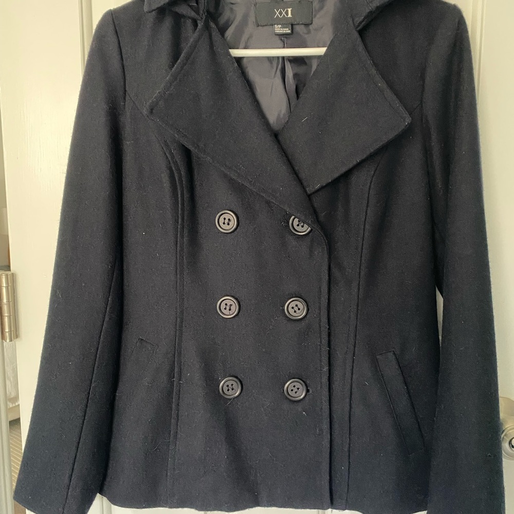 Double- breasted Navy Peacoat with hood, Size S